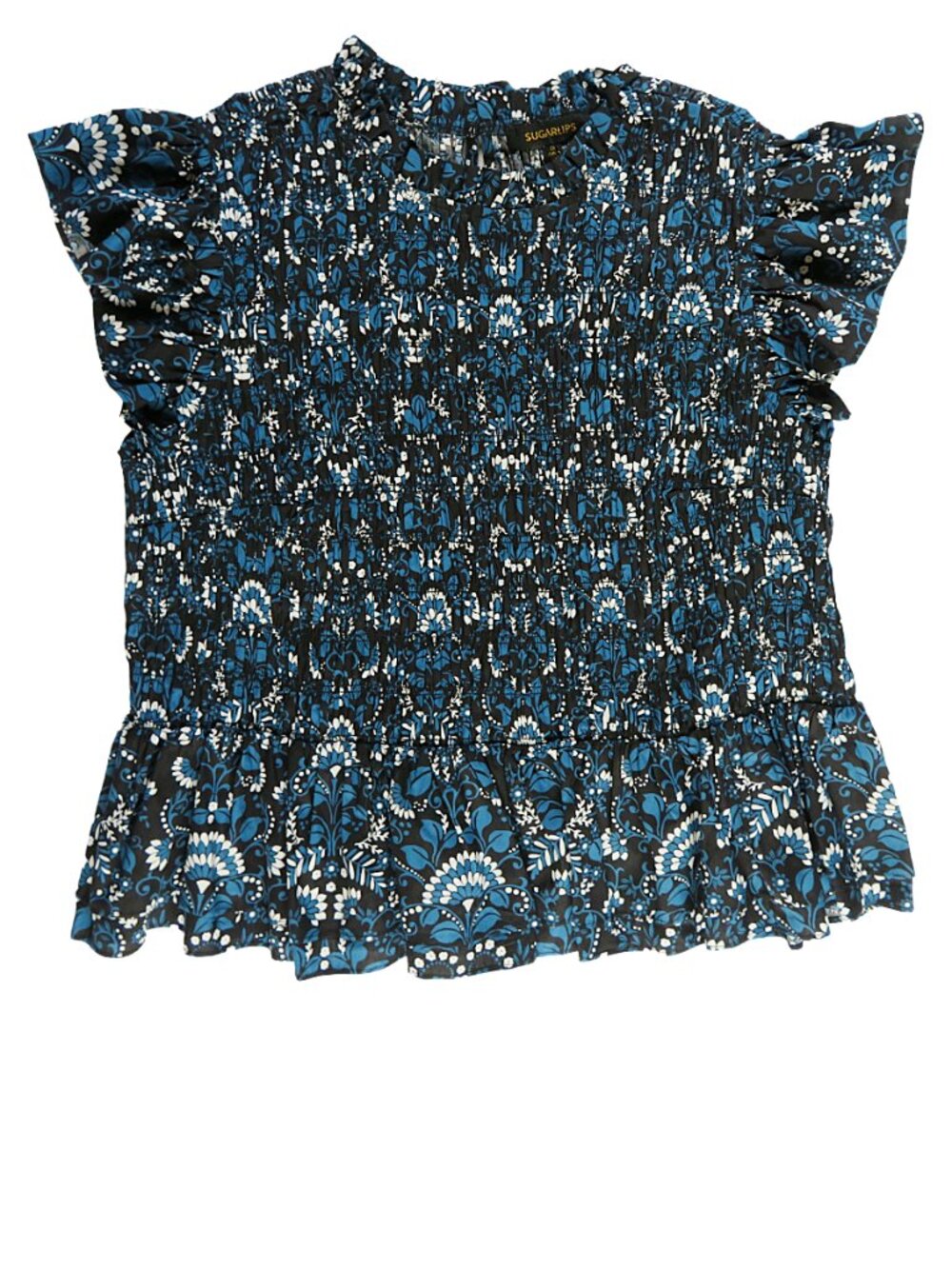 NWT Sugarlips 3X Blue‎ Floral Smocked Peplum Blouse Ruffle Sleeves